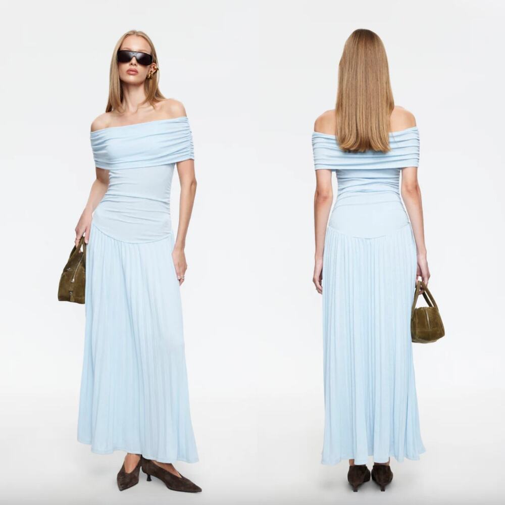 LIONESS | NWT Field Of Dreams Dress in Light Blue Pleated Knit Maxi M